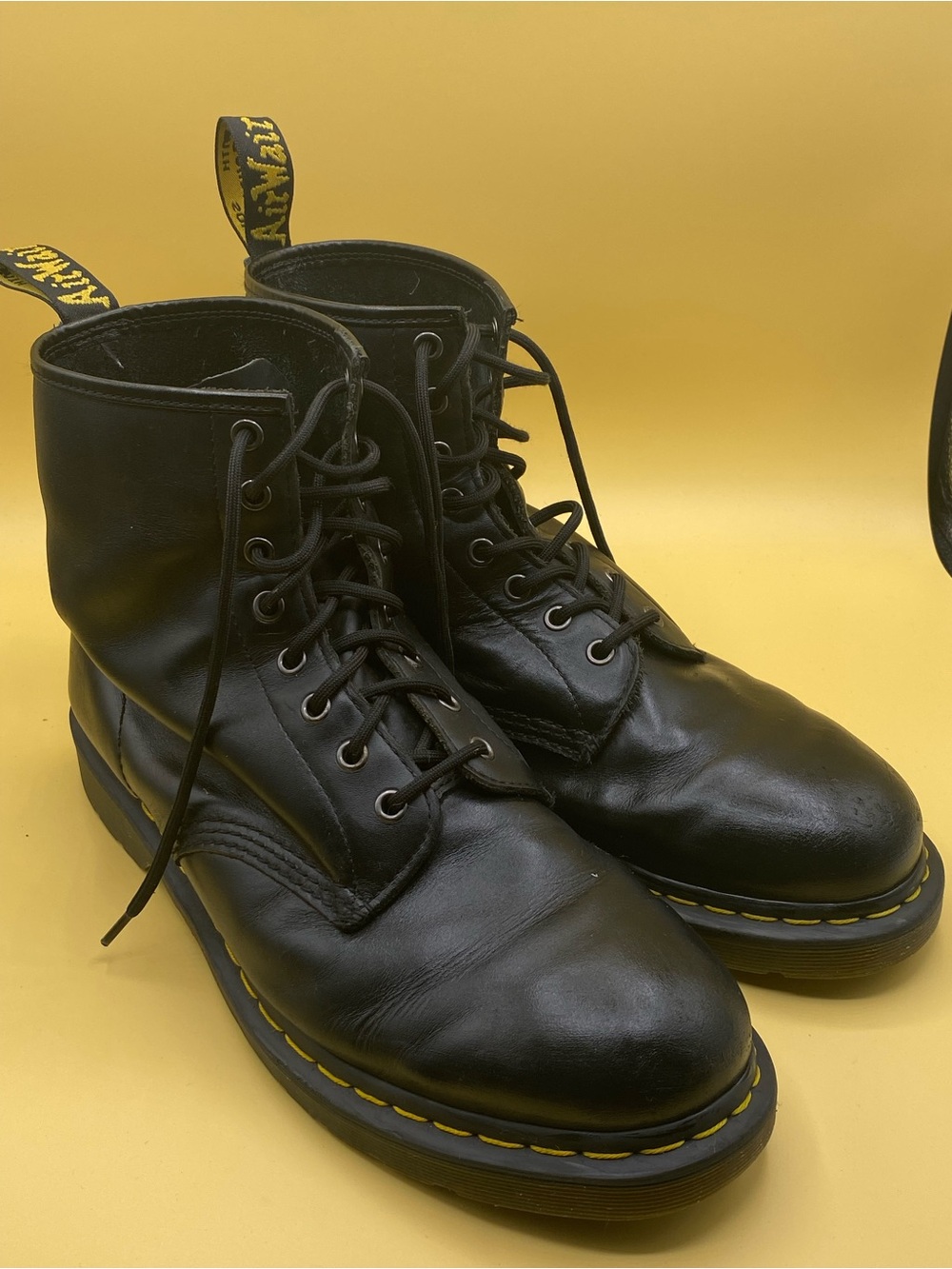 Dr. Martens Black Leather Lace-Up Boots with Yellow Welt Stitching